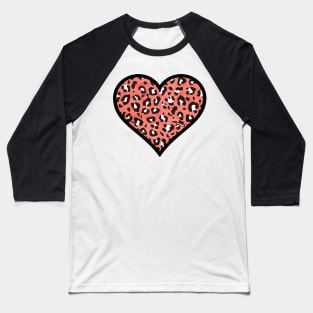 Coral, Black and White Leopard Print Heart Baseball T-Shirt